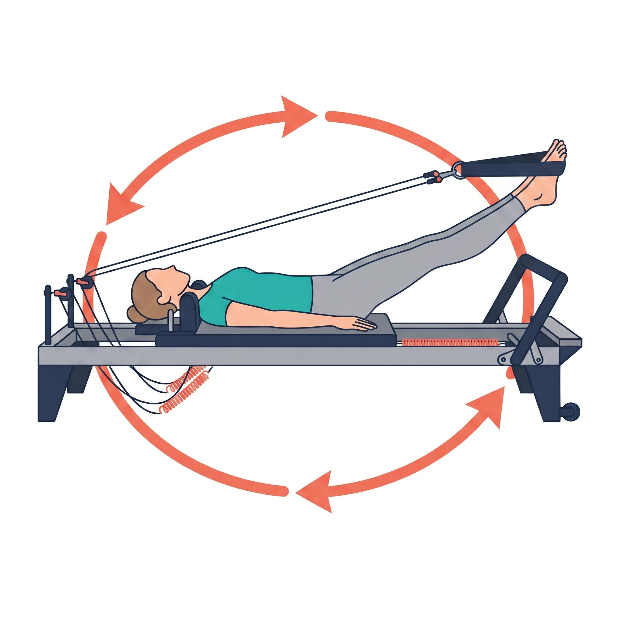 Illustrated reformer exercise: supine leg circles in the straps, with the circling direction marked.