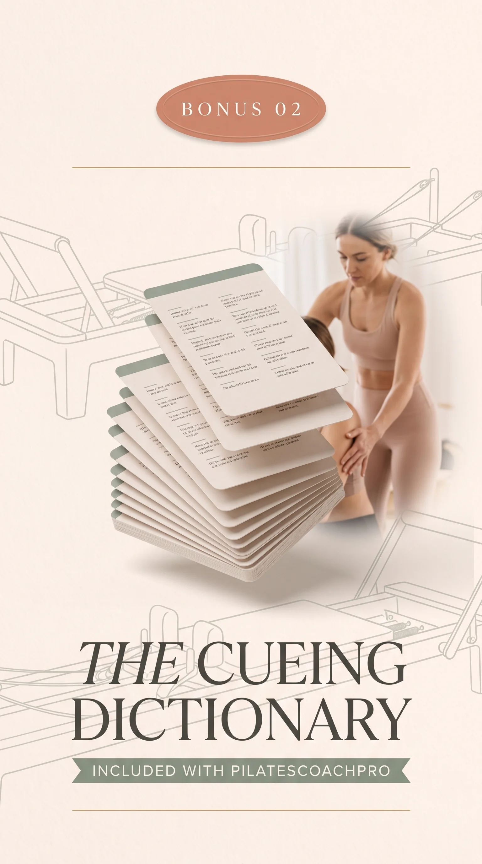 The Cueing Dictionary shown as a stack of printed reference cards, with an instructor correcting a client in the background.