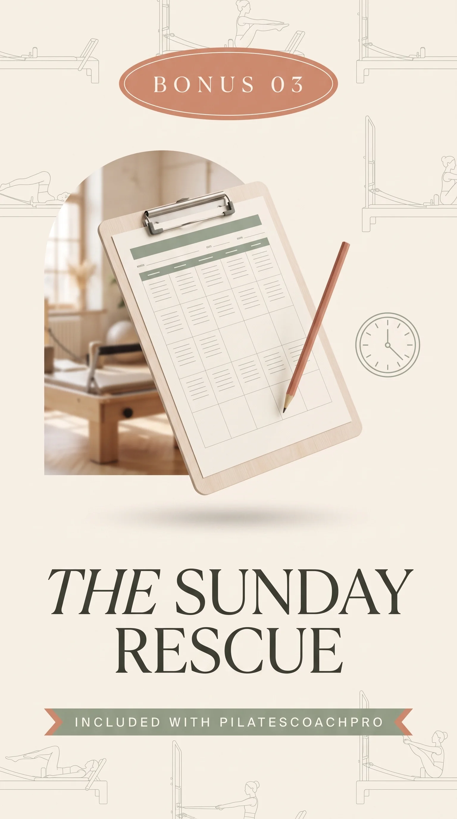 The Sunday Rescue shown as a printed weekly planning sheet on a clipboard with a pencil, in a reformer studio.