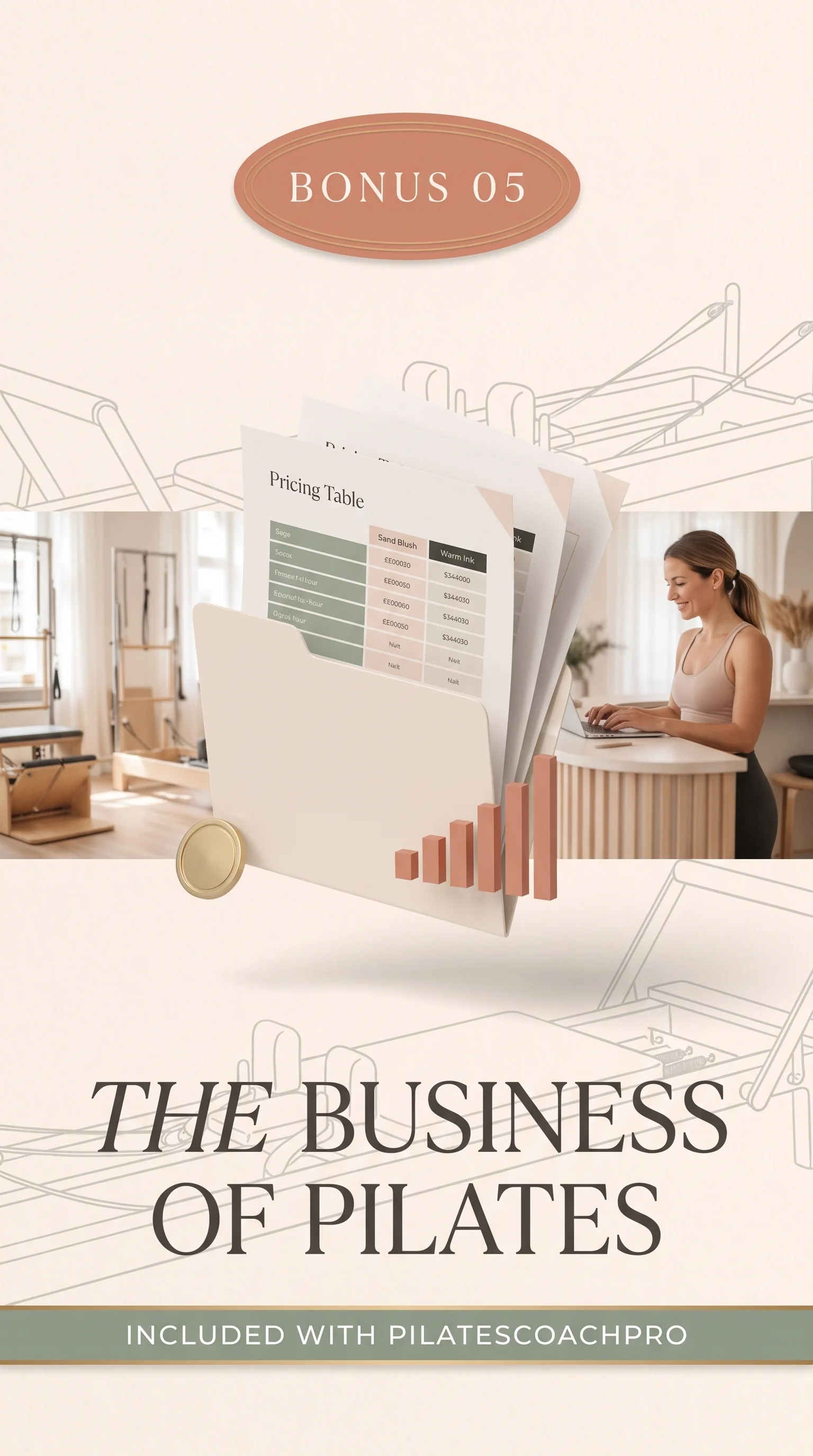 The Business of Pilates shown as a folder of printed pricing tables and revenue charts, with a studio owner working at a laptop.