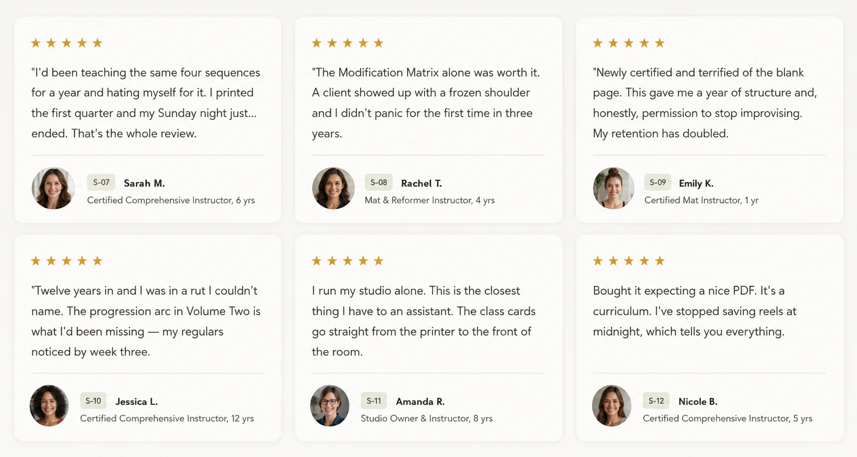 Six five-star reviews from certified instructors: Sarah M. (Certified Comprehensive Instructor, 6 yrs), Rachel T. (Mat & Reformer Instructor, 4 yrs), Emily K. (Certified Mat Instructor, 1 yr), Jessica L. (Certified Comprehensive Instructor, 12 yrs), Amanda R. (Studio Owner & Instructor, 8 yrs) and Nicole B. (Certified Comprehensive Instructor, 5 yrs).