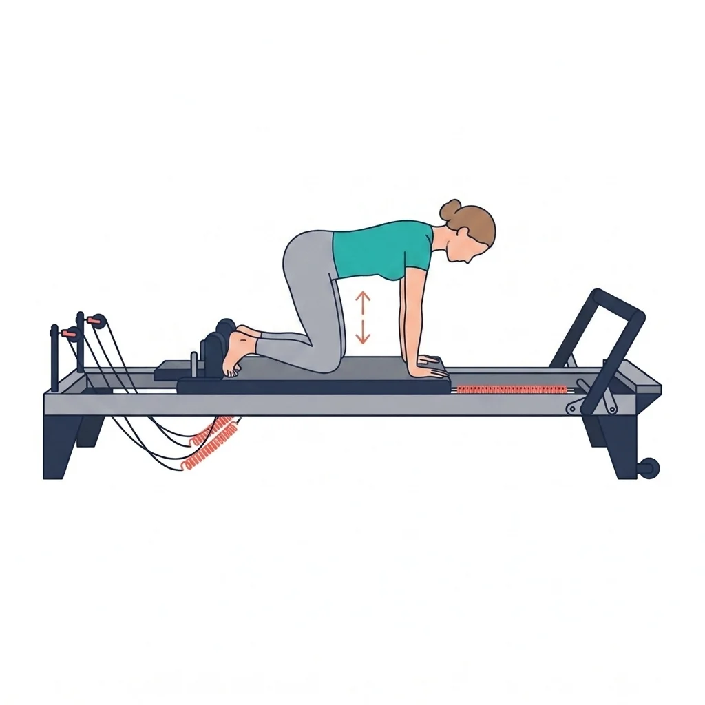 Illustrated reformer exercise as it appears in the curriculum, with the movement direction marked.