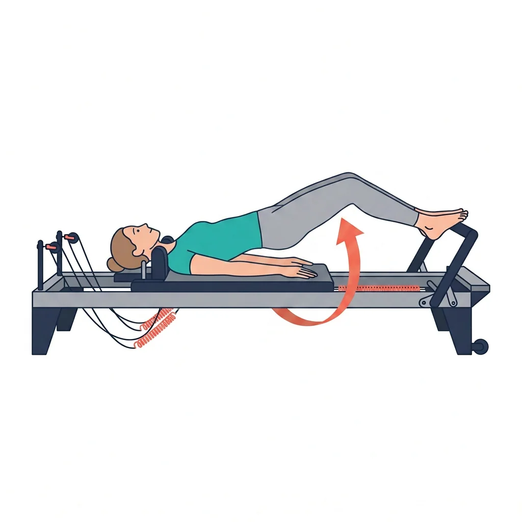 Illustrated reformer exercise as it appears in the curriculum, with the movement direction marked.