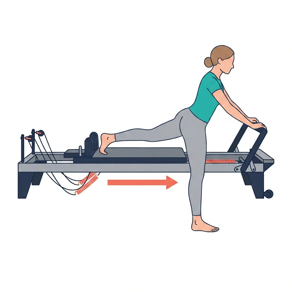 Illustrated reformer exercise as it appears in the curriculum, with the movement direction marked.