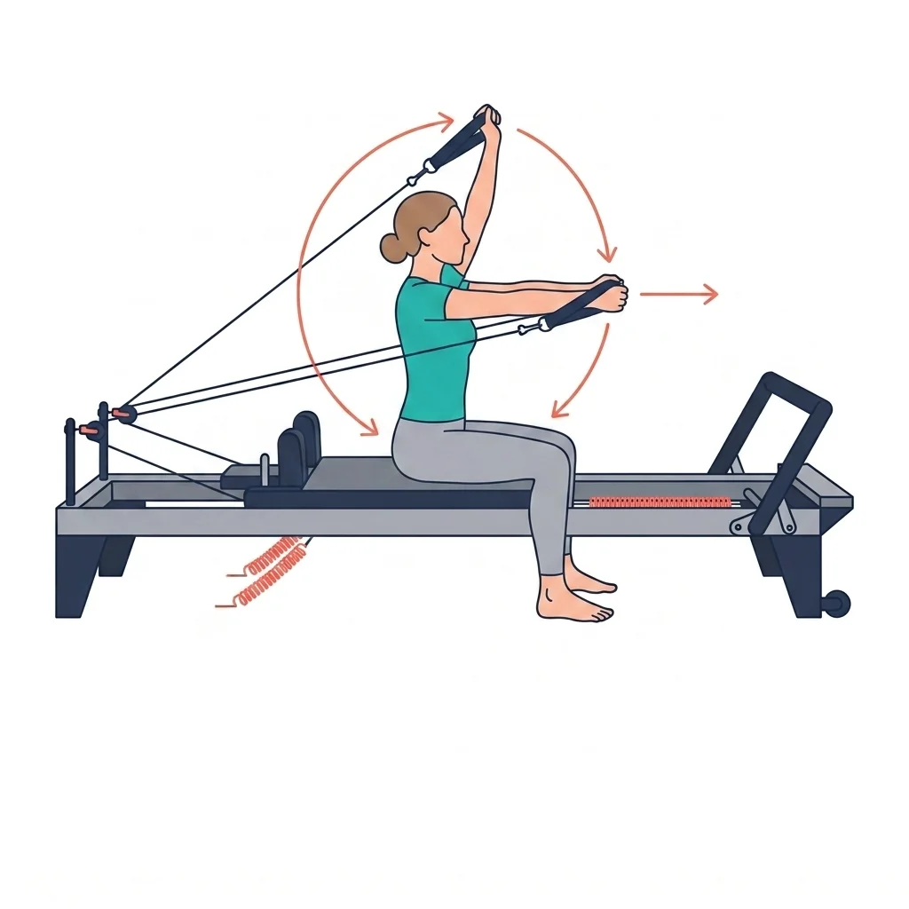 Illustrated reformer exercise as it appears in the curriculum, with the movement direction marked.