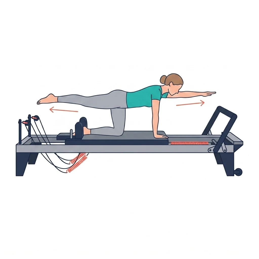 Illustrated reformer exercise as it appears in the curriculum, with the movement direction marked.